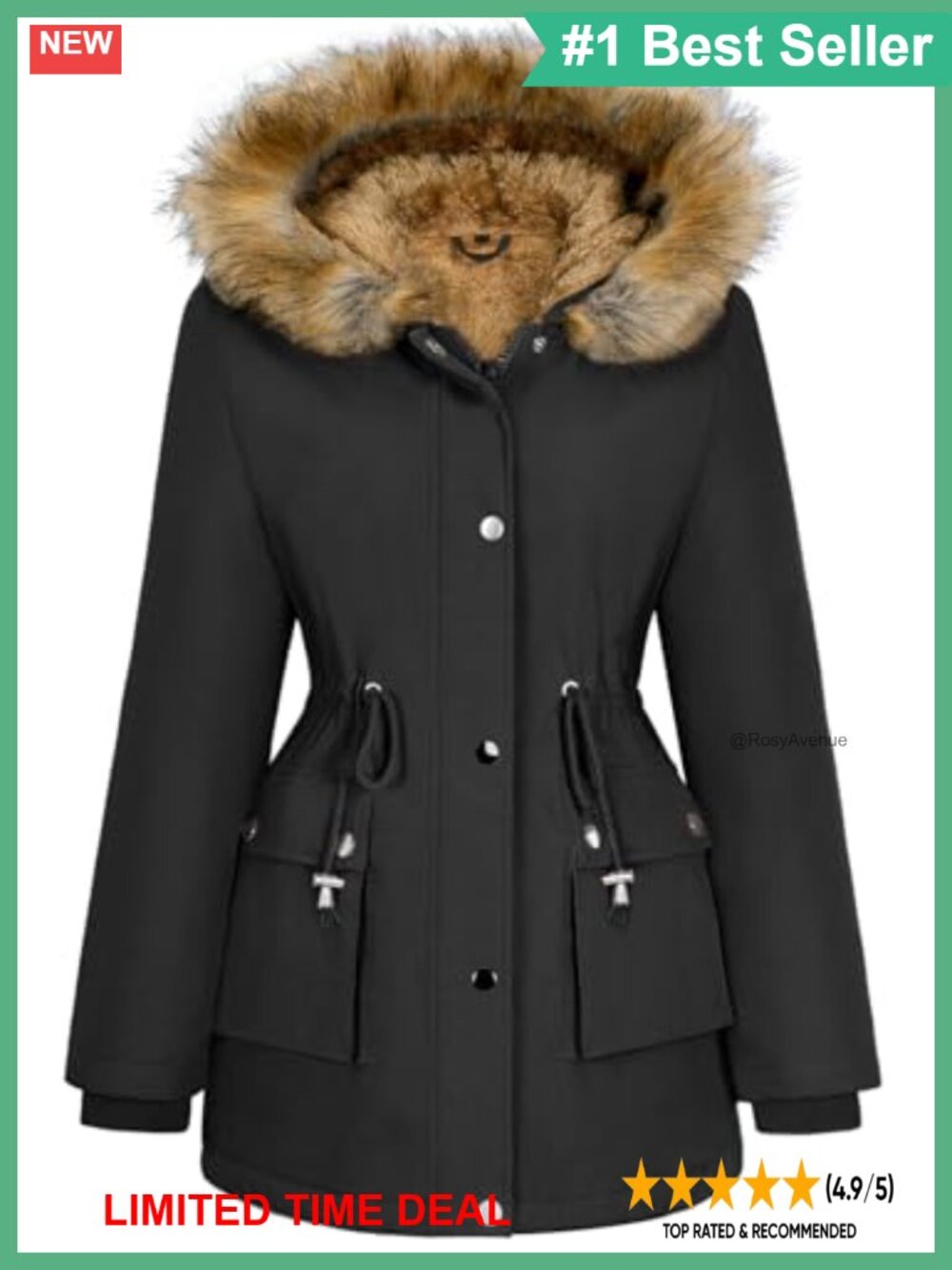 Women's Winter Fleece Lined Parka Jacket Removable Faux Fur Hood